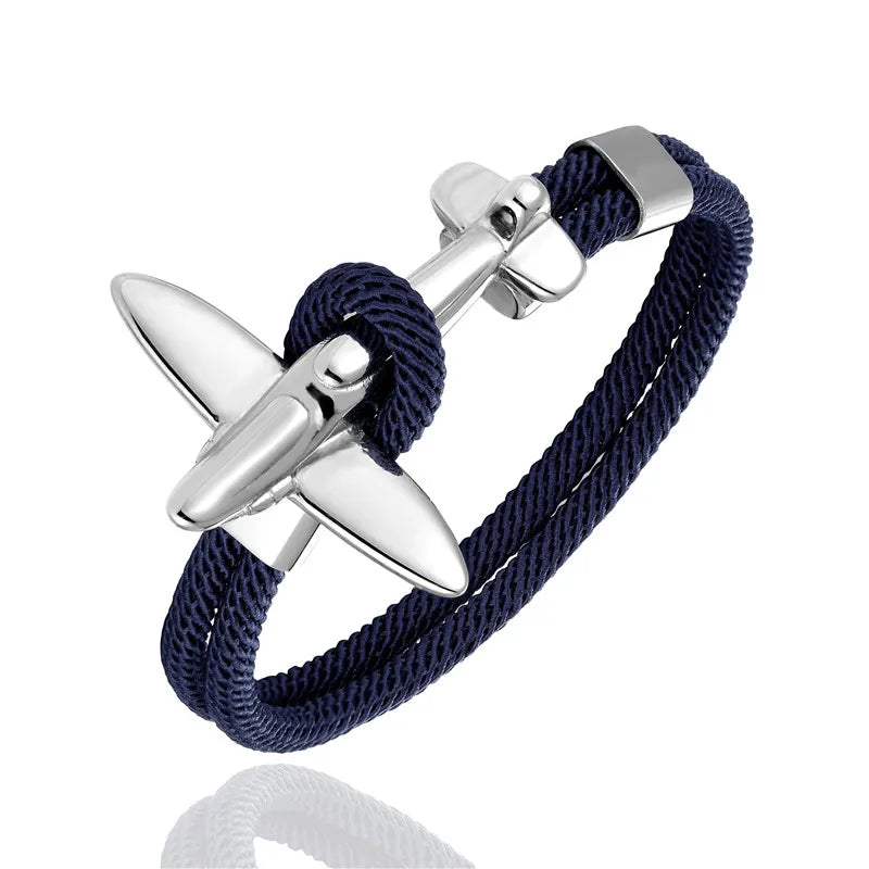 MKENDN Fashion Stainless Steel Airplane Glider Anchor Rope Leather flight Bracelets Men Women aviator Style