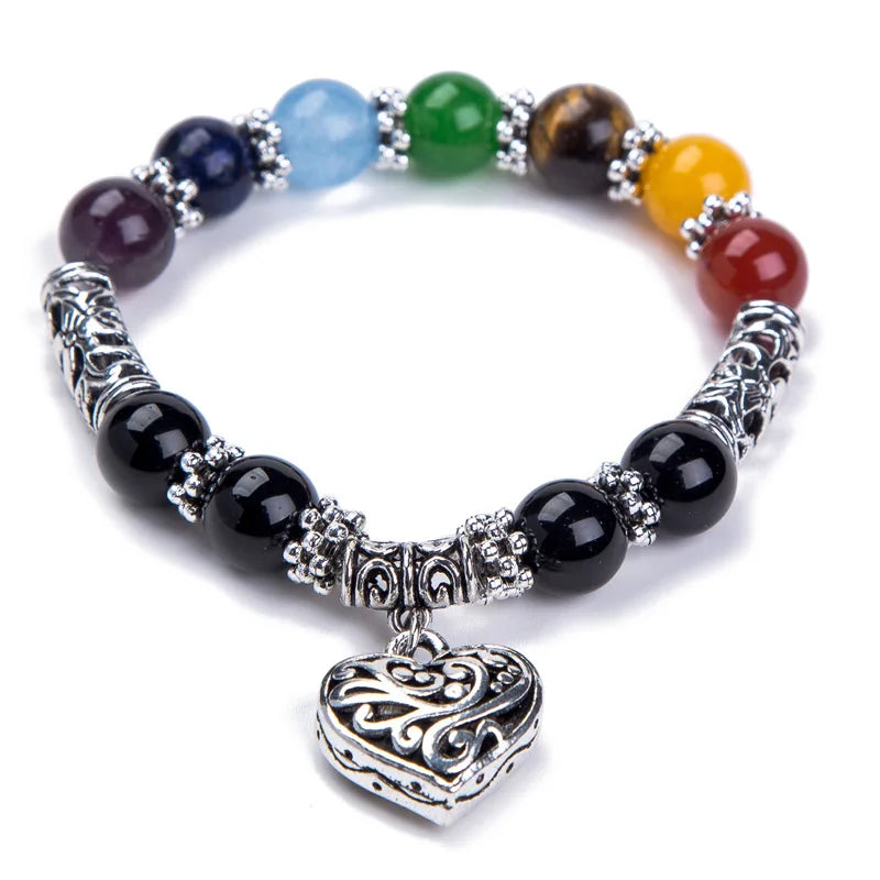 Hot Sale Men Women 10mm Bracelets 7 Chakra Healing Balance Beads Heart Charm Bracelet For Female Reiki Prayer Stones Jewelry
