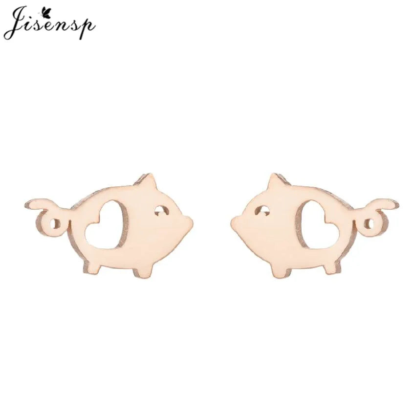 Niedliche kleine Schweinchen-Ohrringe, Boho-Stil, Herz-Ohrstecker mit Ferkelmotiv für Mädchen und Tierliebhaber, Edelstahl-Schmuck