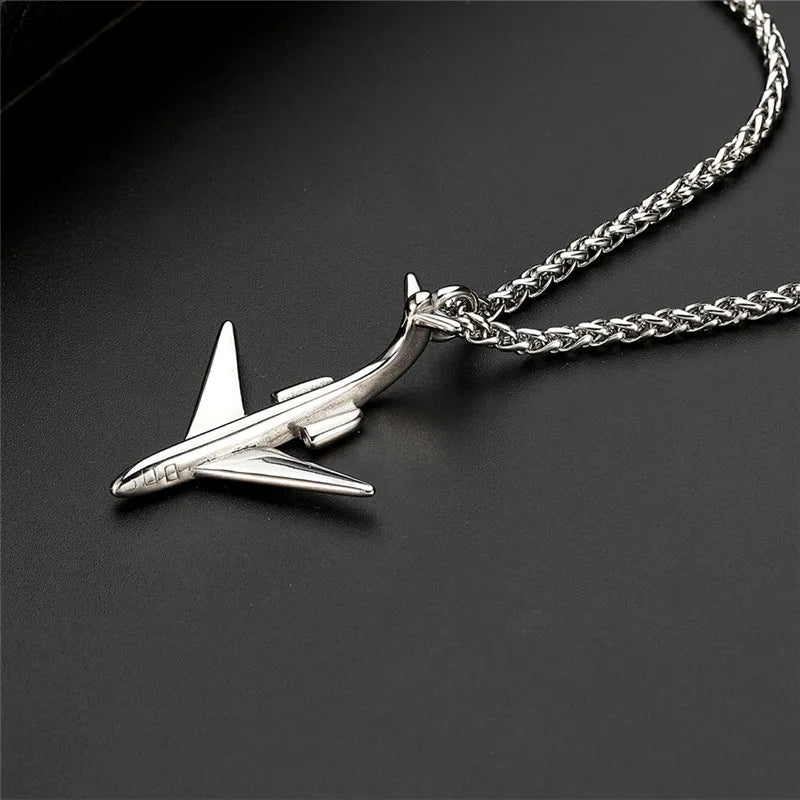 Wholesale 4 Styles Airplane Pendant Necklace For Men Silver Color Stainless Steel Box Link Chain Peace Aircraft Necklace Gifts
