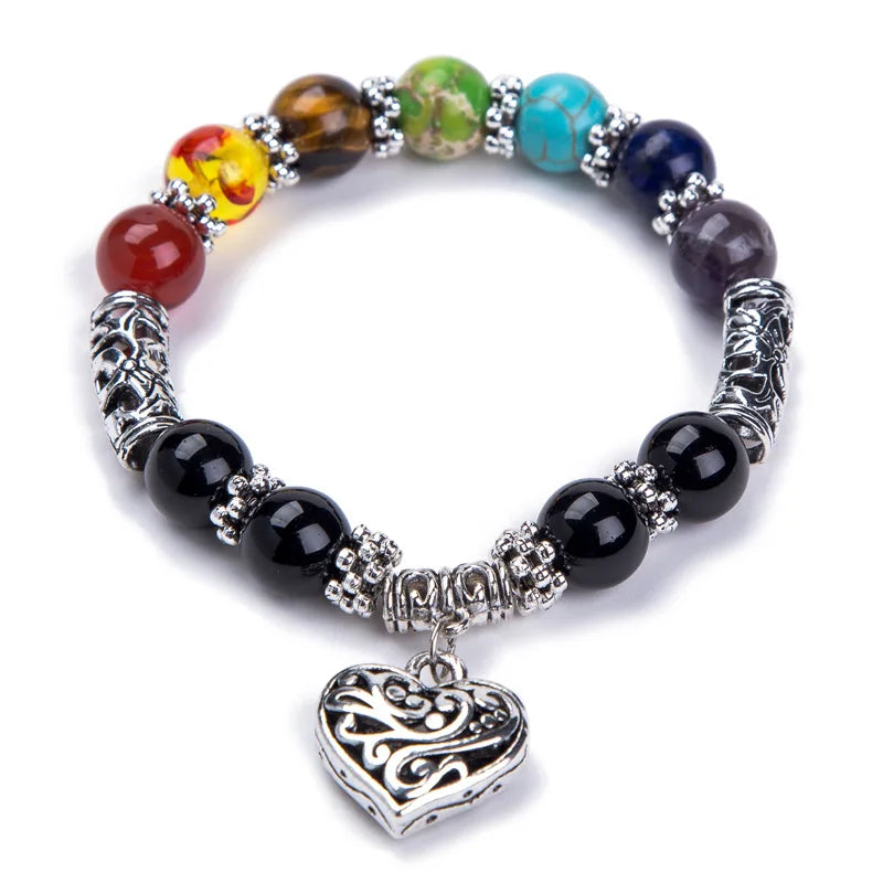 Hot Sale Men Women 10mm Bracelets 7 Chakra Healing Balance Beads Heart Charm Bracelet For Female Reiki Prayer Stones Jewelry