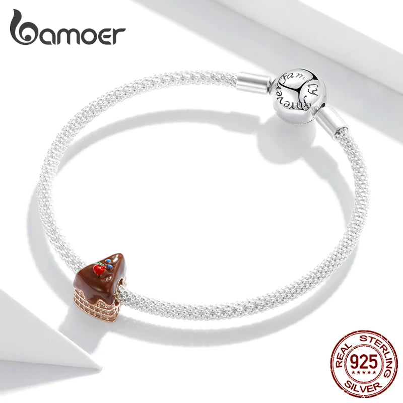 Bamoer Authentische 925 Sterling Silber Schokoladenkuchen Metallperlen zur Schmuckherstellung Silber Charm passend für Originalarmband BSC349