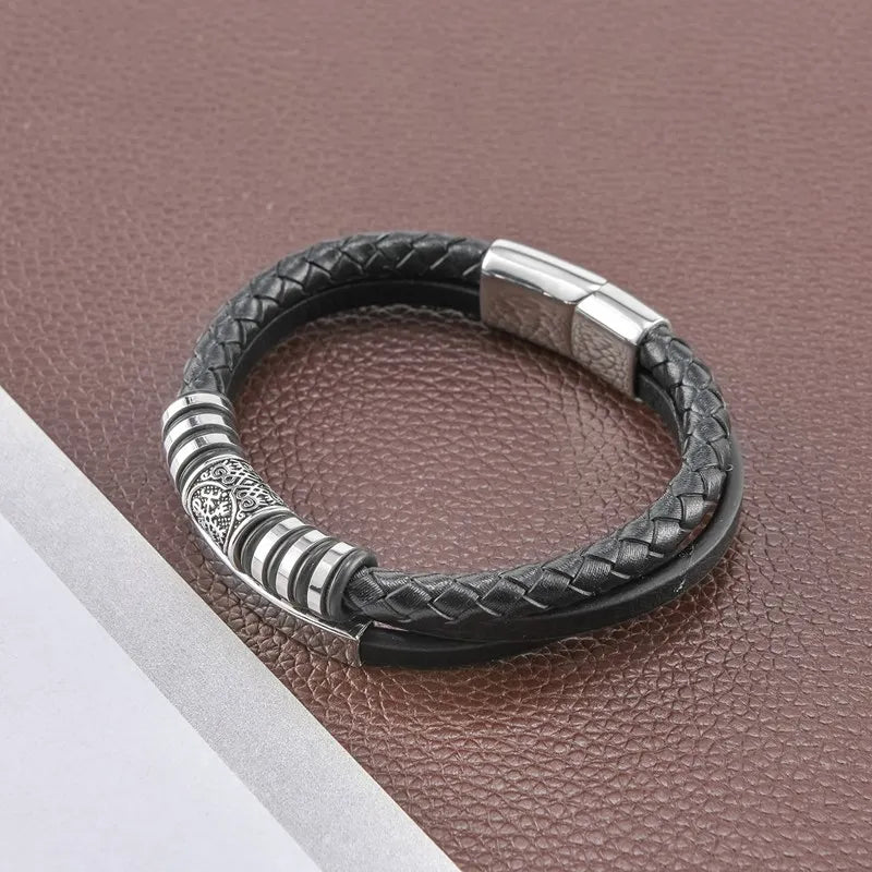 MKENDN Punk Viking Style Hand-woven Multi-layer Combination Accessory Stainless Steel Men's Leather Bracelet Classic Gift