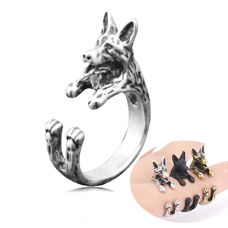 Vintage Punk Brass Knuckle German Shepherd Anel Masculino Ring Boho Dog Anillos Couple Rings For Men Women Jewelry Lovers Gift