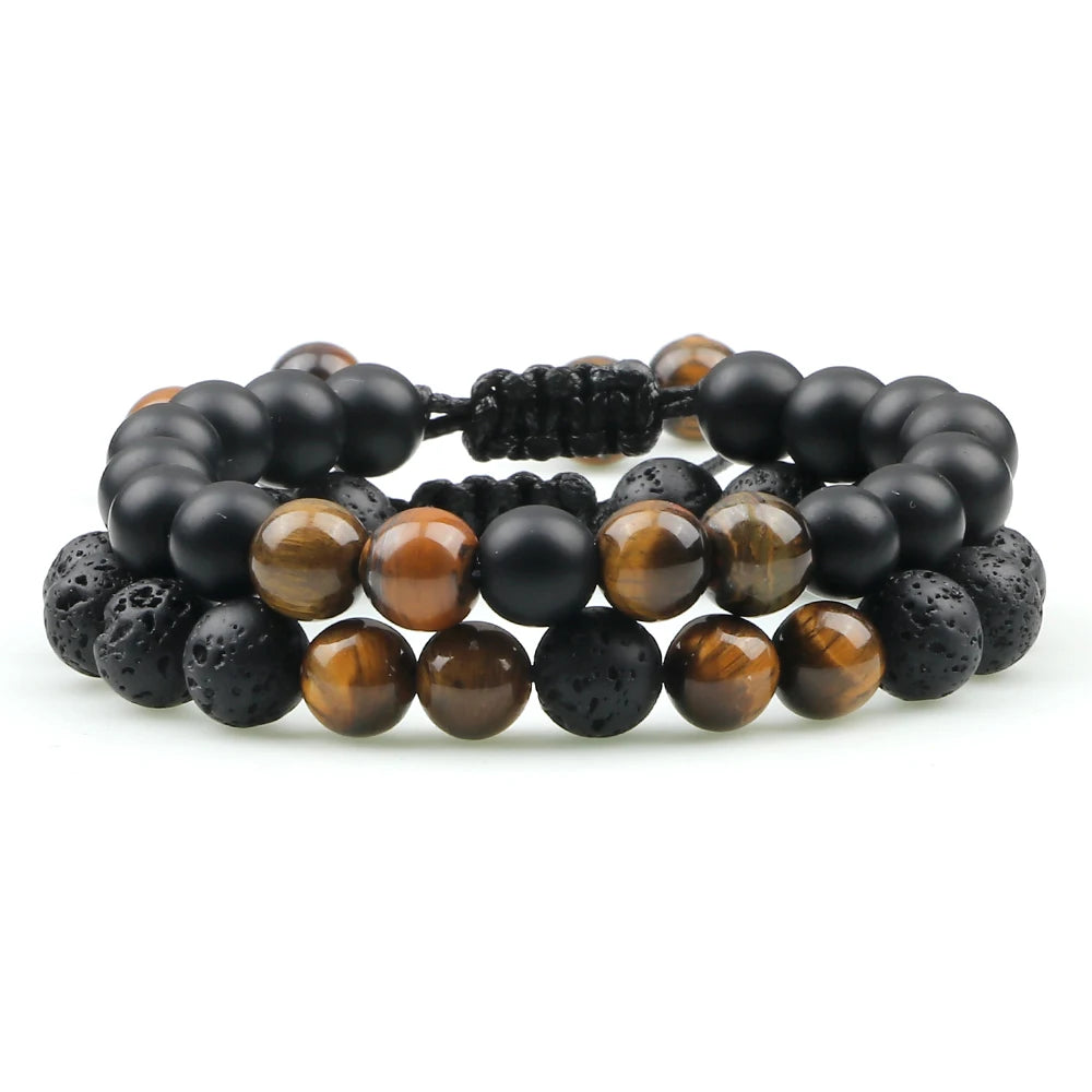 2Pcs Adjustable Braided Natural Stone Beads Bracelets&Bangles For Couples Women Men Tiger Eye Lava Bracelet Yoga Jewelry Pulsera