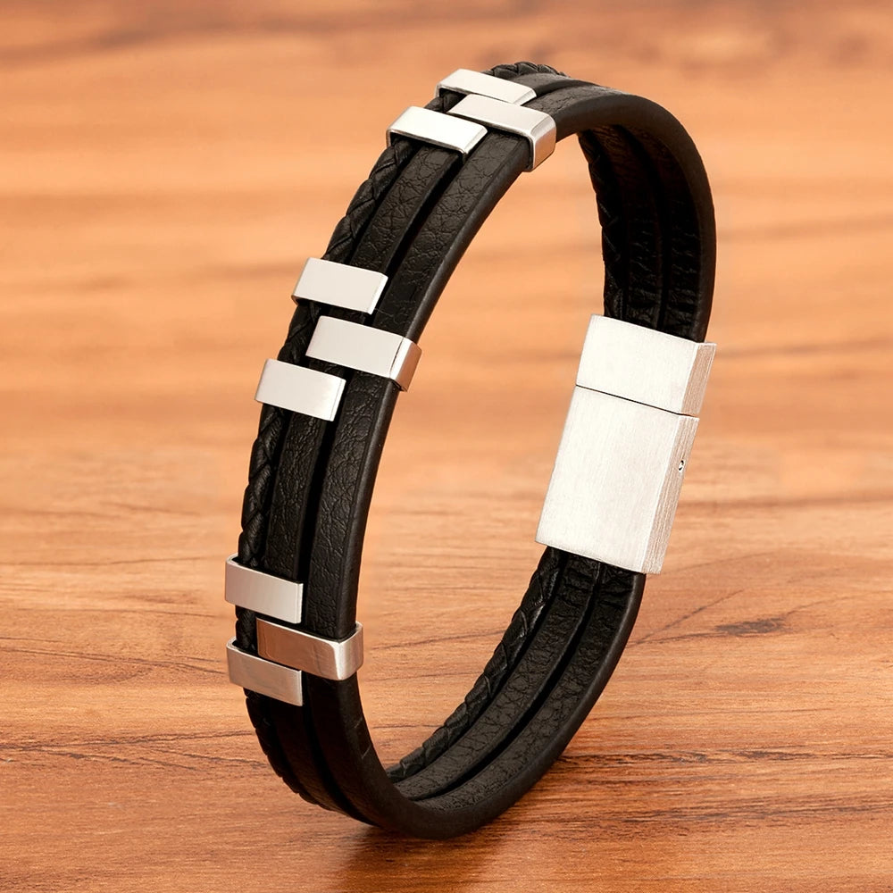 TYO Braided Rope Wrap Leather Bracelets For Men Bangles Fashion Male Women Charm Stainless Steel Clasp Jewelry DIY Customization