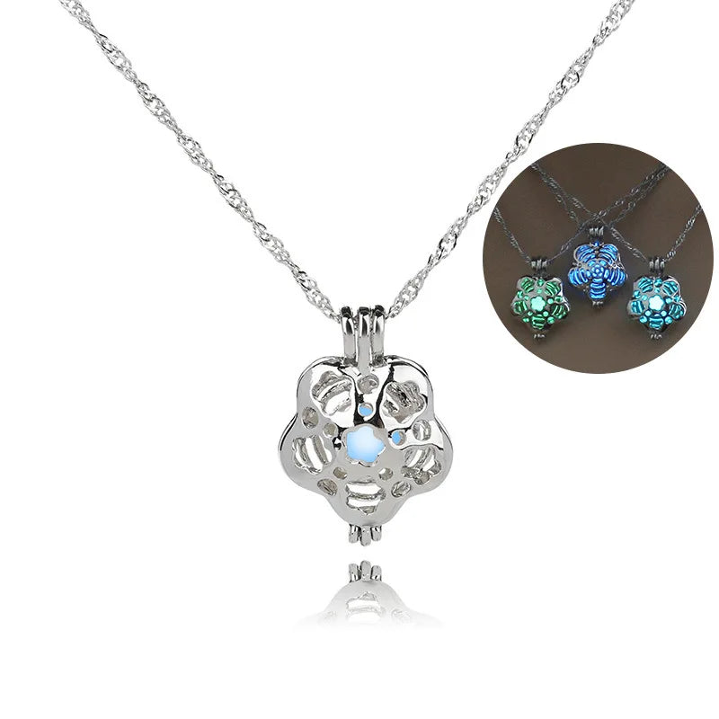 Glow in The Dark Locket necklace For Women Gun skull Heart mermaid Cross tortoise Glowing beads cage pendant Fashion Jewelry