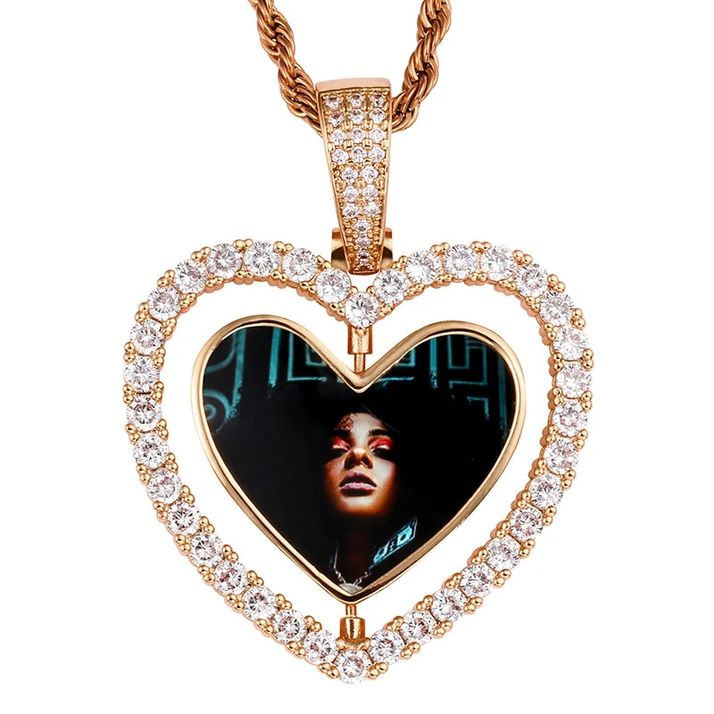 Custom Photo Pendant Necklace Heart Medallions Cubic Zirconia Rotating Double-Sided Custom Photo Gift For Mens Hip Hop Jewelry