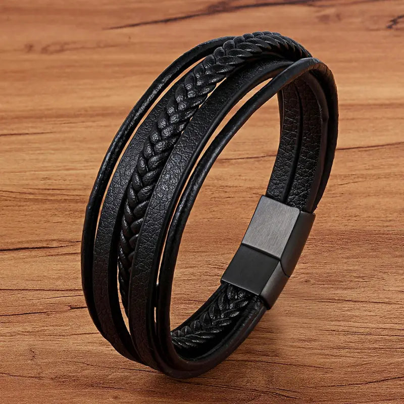 TYO Fashion Stainless Steel Charm Magnetic Black Men Bracelet Leather Genuine Braided Punk Rock Bangles Jewelry Accessories - Madeinsea©