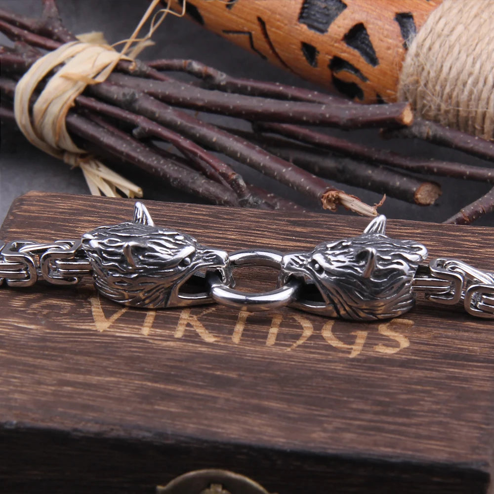 Stainless Steel Viking Wolf Head Square-link Chain with Round Clasp without Pendant with wooden box as christmas gift