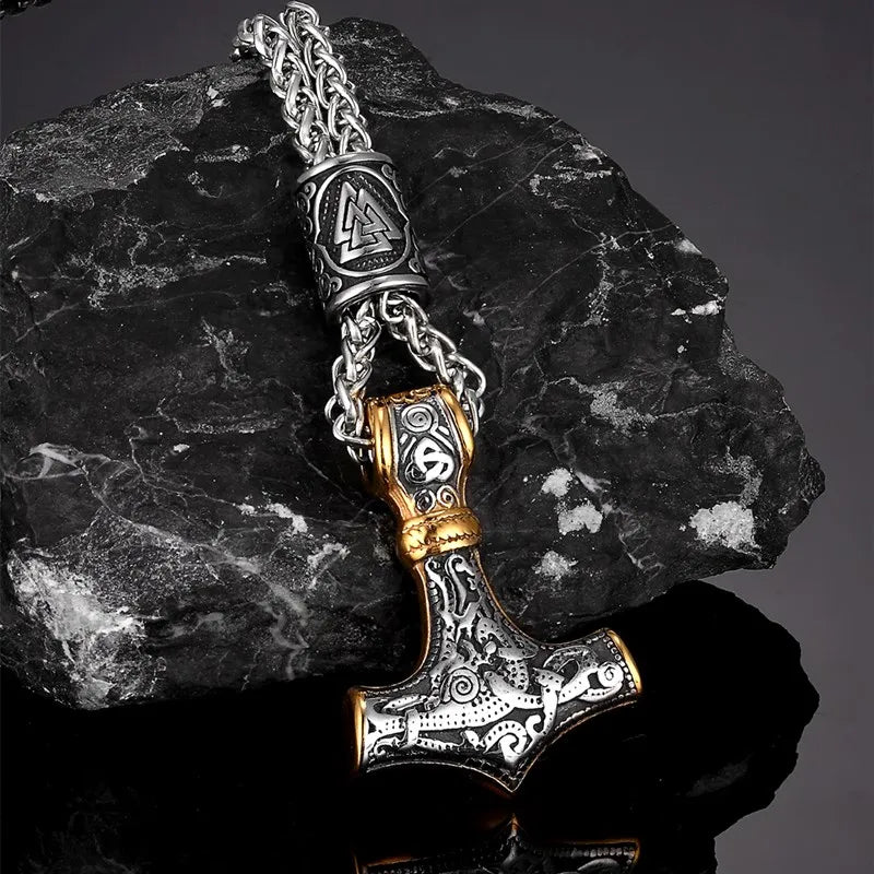 MKENDN Stainless Steel Norse Vikings Thor's Hammer Mjolnir Scandinavian Rune Amulet Pendant Necklace with Chain As Men Punk Gift