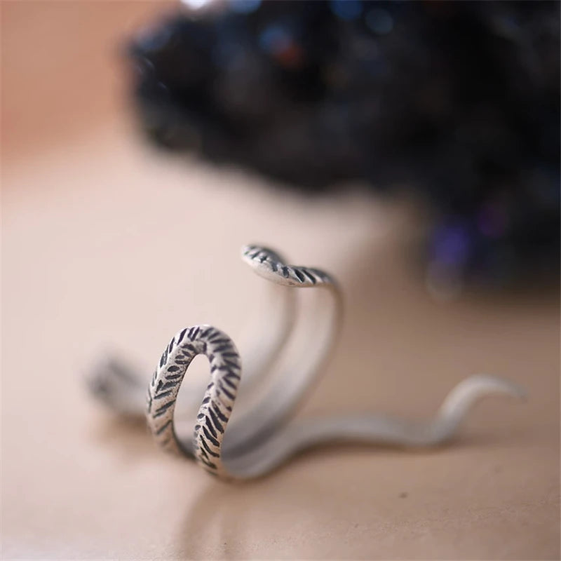 MKENDN Genuine 925 Sterling Silver Snake Shape Opening Ring For Men and Women Gothic Street Hip Hop Punk Dark Jewelry