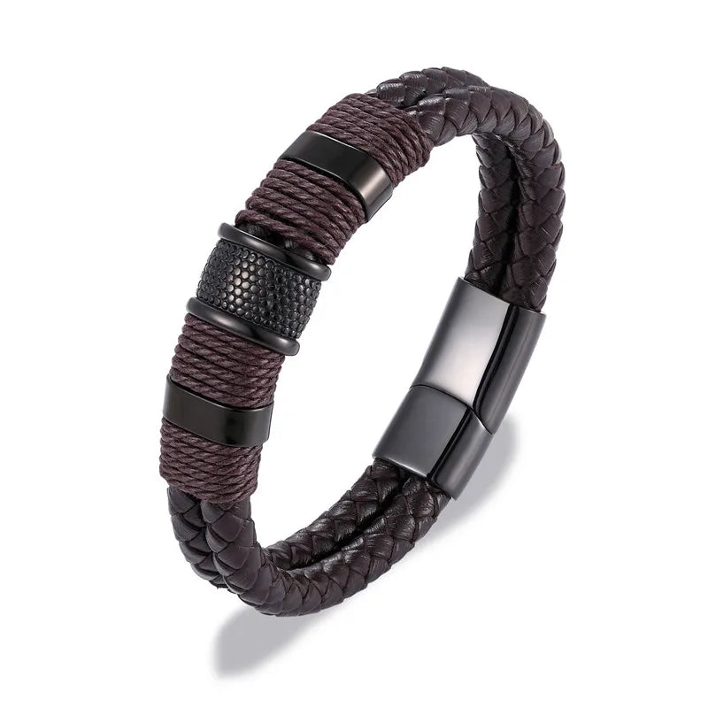 MKENDN Fashion Men Braided Genuine Black Leather Bracelet Stainless Steel Magnetic Buckle Bracelet Gifts Homme Pulseras