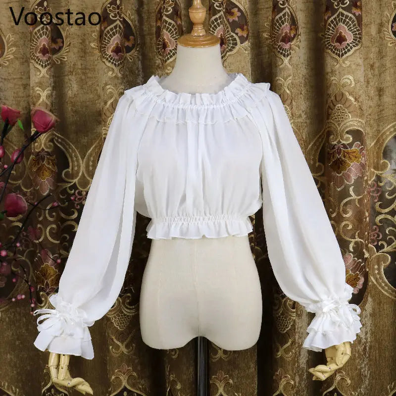 Japanese Style Harajuku Gothic Lolita Shirts Girly Cute Ruffles Short/Long Sleeve Tops Elegant Women Sweet Solid Chiffon Blouses
