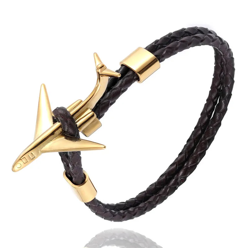 MKENDN Fashion Retro Leather Bracelet Stainless Steel Airplane Anchor Bracelets Men Women Summer Style Wrap Metal Sport Hook