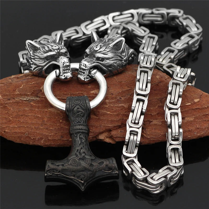 Dropshipping Stainless Steel Wolf head Necklaces Men Norse Thor's Hammer Mjolnir Pendant Scandinavian King Chain Viking Jewelry