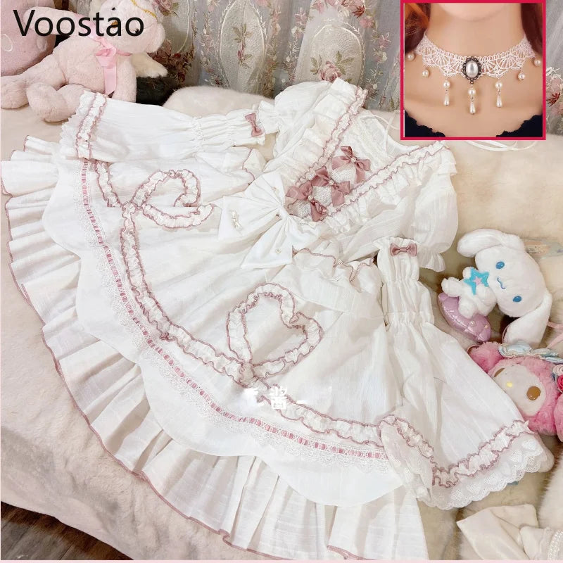 Sweet Chic Lolita Princess OP Dress Women Vintage Elegant Bow Lace Ruffles Pearls Flowers Wedding Dresses Girly Cute Party Dress