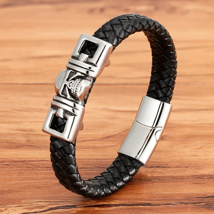 Bracelets et joncs en cuir pour hommes TYO Cool Style, motif crâne, hibou, scorpion et serpent, tressés en acier inoxydable, parfaits pour Halloween