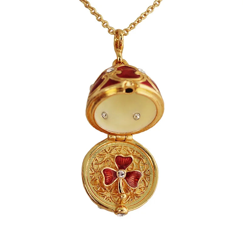 Collier pendentif œuf de Pâques Fabergé en émail fait à la main, médaillon en laiton, vintage, cristal, trèfle à l'intérieur, cadeau pour femmes et filles