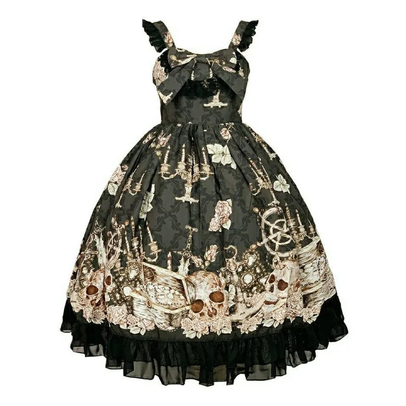 Japanese Gothic Jsk Lolita Dress Women Vintage Victorian Sleeveless Bow Princess Tea Party Dresses Girls Chic Print Lolita Dress