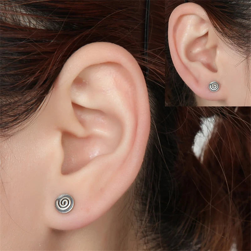 MKENDN Men Women Retro Exquisite Personality Swirl Round Stud Earrings Punk Hip-Hop Unisex Earrings 925 Sterling Silver Jewelry
