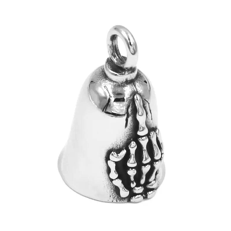 Skull Hand Middle Finger Bell Pendant Stainless Steel Jewelry Skull Biker Bell Pendant SWP0602A (Has steel ball, no bell ring)