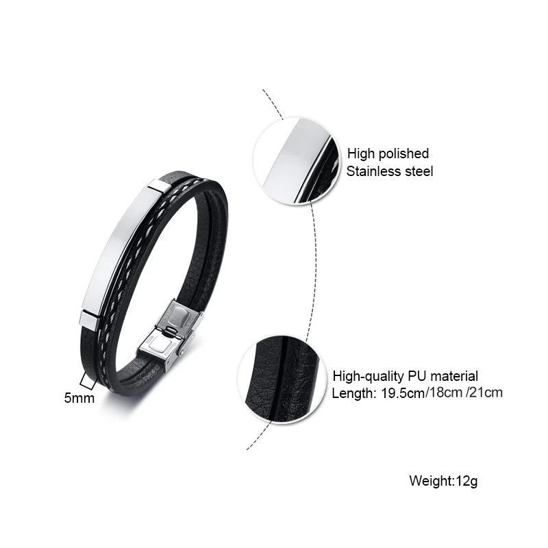 Vnox Unique Sew Lines Genuine Leather Bracelets for Men Women Stainless Steel Bar Layered Bangle Causal Pulseira - Madeinsea©