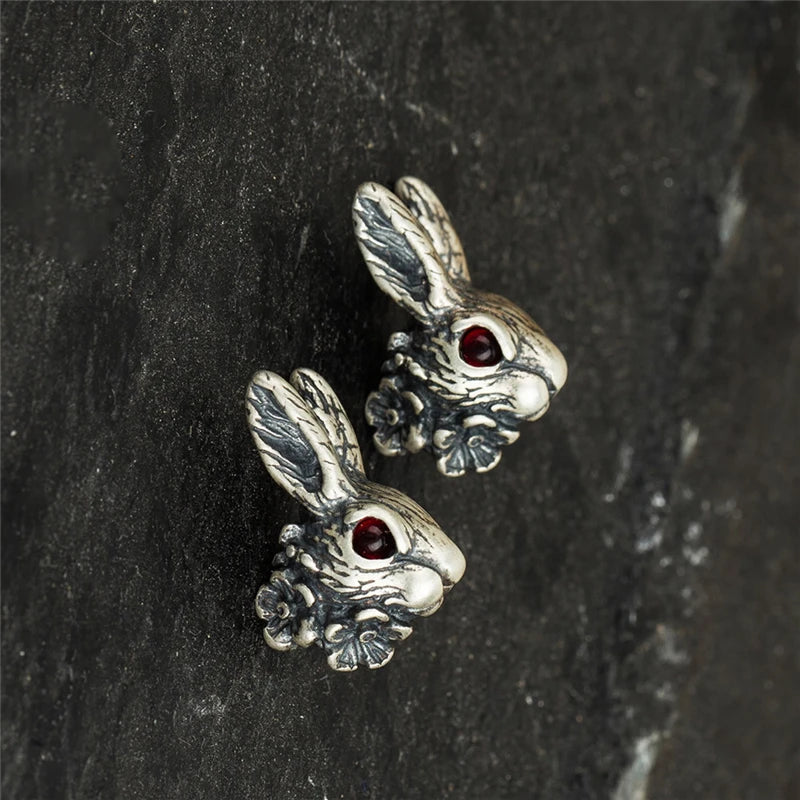 MKENDN Punk Vintage 100% 925 Sterling SIlver Red Eye Rabbit Stud Earring Men Women Gothic Dark Jewelry