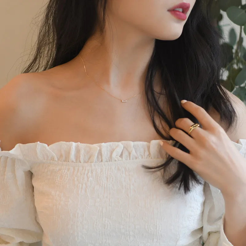 925 Sterling Silber Französisch Einfache Quadratische Kristall Anhänger Schlüsselbein Kette Halskette Frauen Klassische Beschichtung 14k Gold Schmuck Geschenk