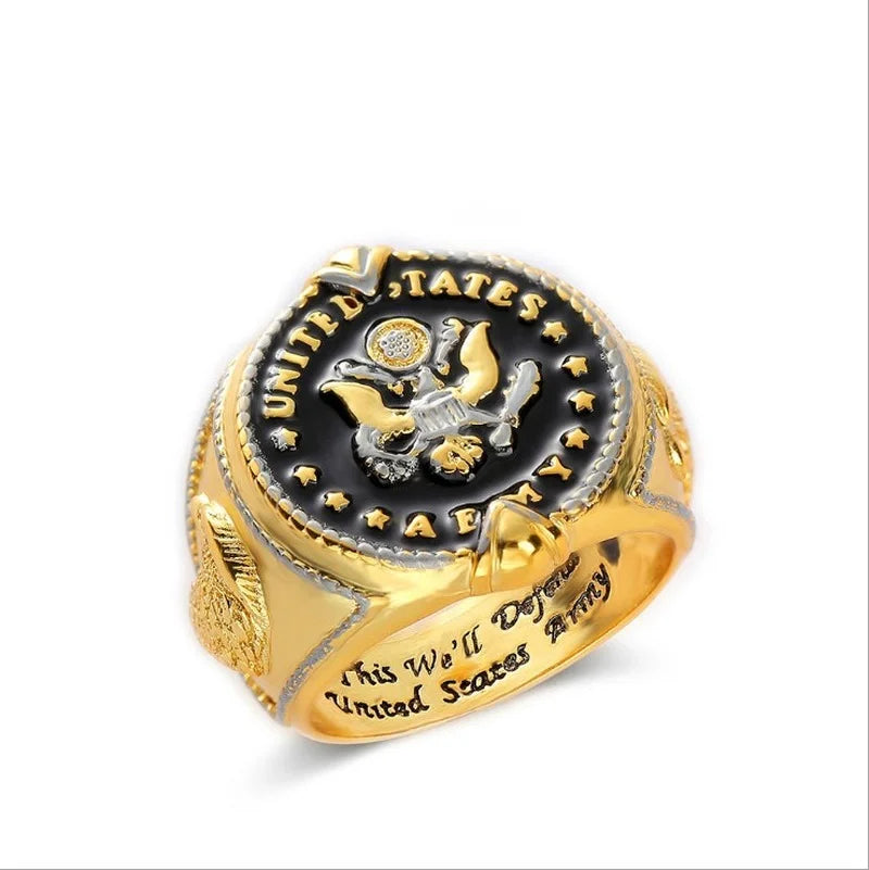 2024 Trend US Federal Army Badge This We'll Defend Two-Tone Men's Ring Cool Stuff Male Ring Gothic Accessories Mens Jewelry
