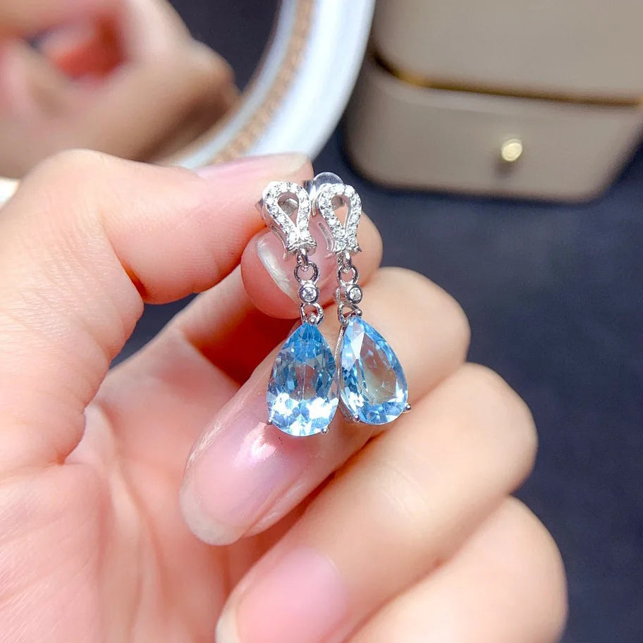 Vintage Bule Topaz Dangle Earrings for Party Romantic Women's Accessories Birthday Gift High Quality S925 Dainty Earring Jewelry