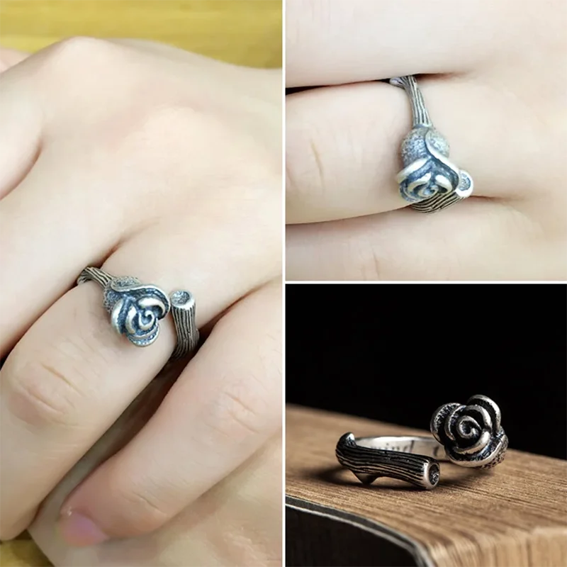 MKENDN  925 Sterling Silver Black Rose Jewelry Top Quality Special Rose Flowers For Women Lady Finger Ring Vintage Retro Style