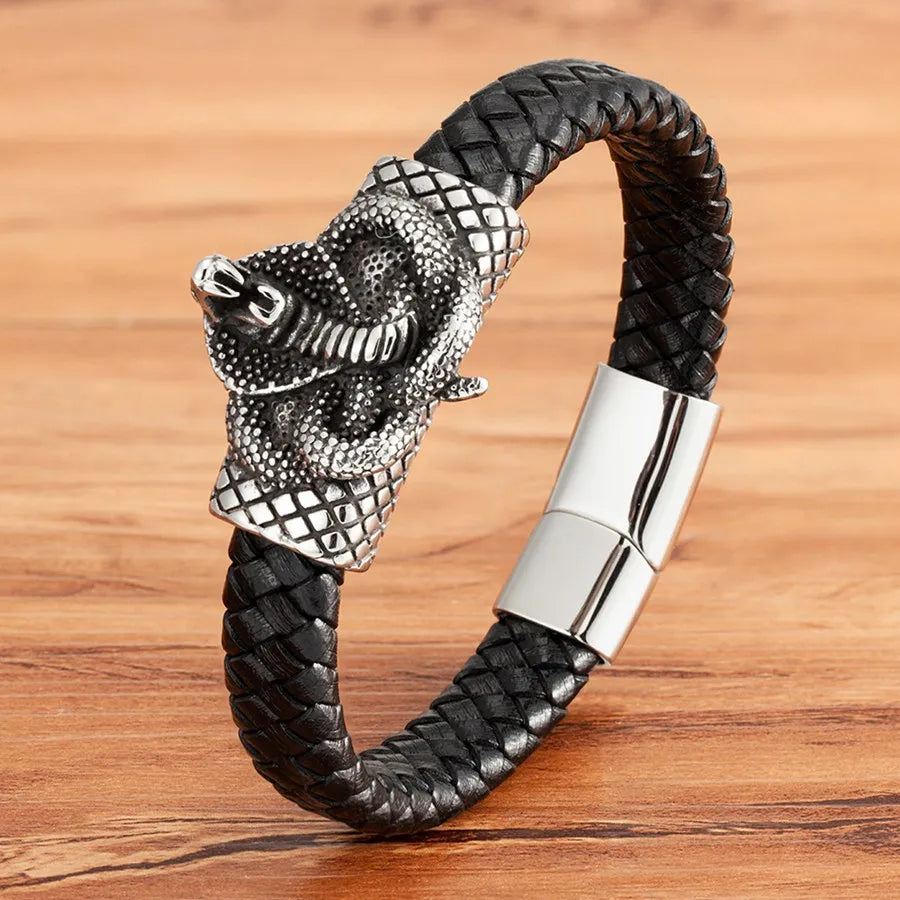 Bracelets et joncs en cuir pour hommes TYO Cool Style, motif crâne, hibou, scorpion et serpent, tressés en acier inoxydable, parfaits pour Halloween
