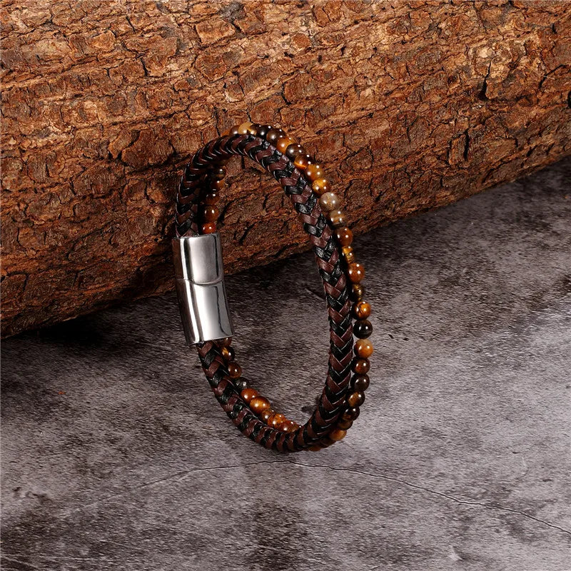 MKENDN Multicolor Natural Stone Classic Stainless Steel Men's Leather Bracelet 19/21/23 cm Choose Handsome Men's Christmas Gift