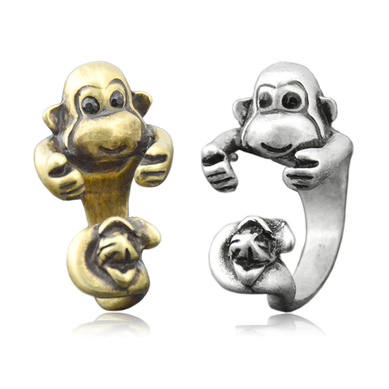 Vintage Colar Handmade Monkey With Banana Ring Punk Animal Anel Masculino Couple Anillos Love Rings For Women Men Jewelry Gifts