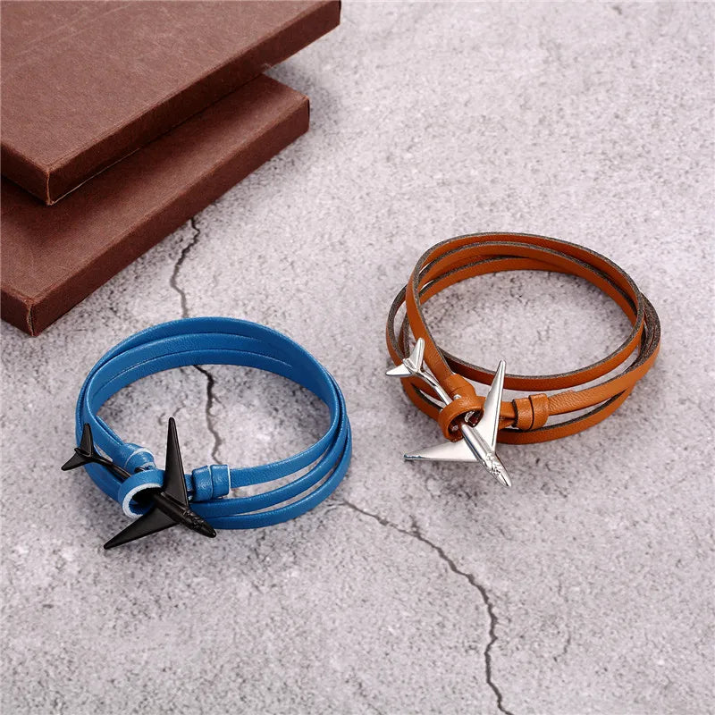 MKENDN New Fashion Multilayer charm leather Airplane Anchor Bracelet Men Women Navy Style Wrap Metal Sport Hooks