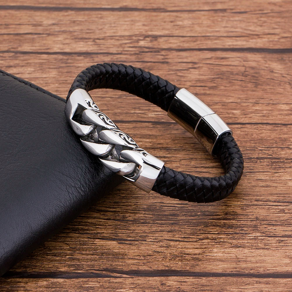 TYO Charm Genuine Leather  Black Stainless Steel Magnetic hk Bracelet Men  Birthday Gift For  boy friend