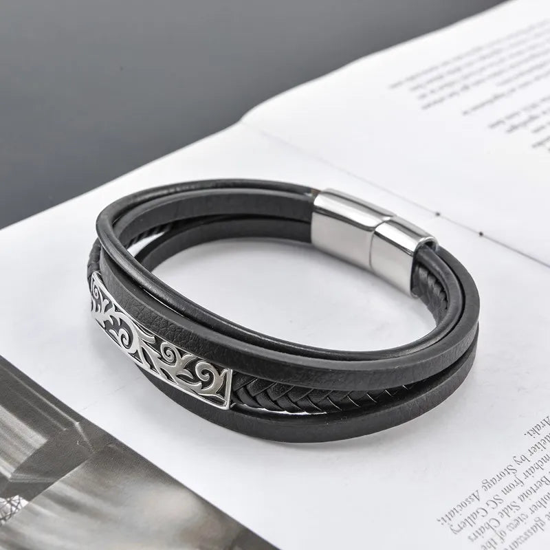 MKENDN Multi-layer Leather Wristband Vintage carved Accessories Men's Bracelet Stainless Steel Leather Bracelet Viking Jewelry