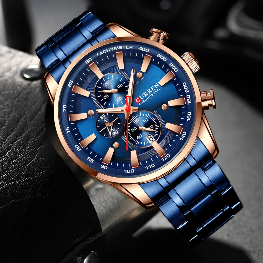 CURREN Man Watches Luxury Sporty Chronograph Wristwatches for Men Quartz Stainless Steel Band Clock Luminous Hands - Madeinsea©
