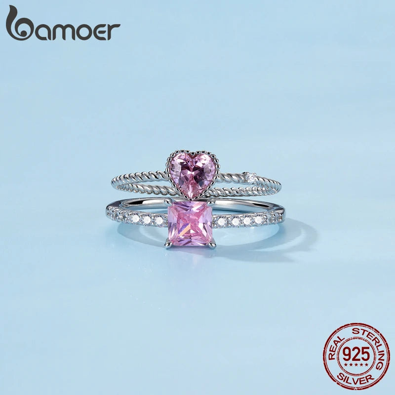 Bamoer Echt 925 Sterling Silber Rosa Liebe CZ Ring Für Mode Frauen Nette Edlen Schmuck Hochzeit Zubehör Geschenk BSR157