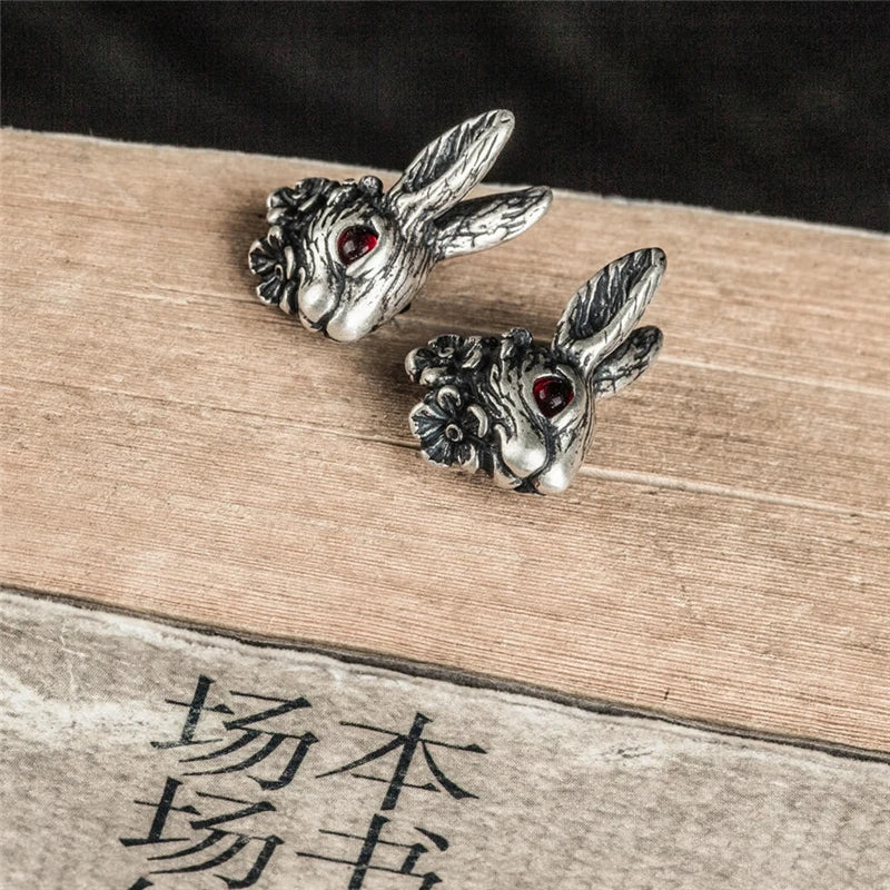 MKENDN Punk Vintage 100% 925 Sterling SIlver Red Eye Rabbit Stud Earring Men Women Gothic Dark Jewelry