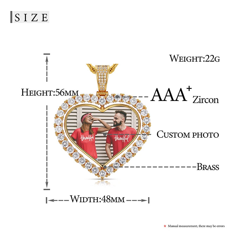 Pendentif en cuivre et zircon cubique sur mesure, médaillon souvenir, pendentif cœur photo double face, collier pour homme, bijou hip-hop