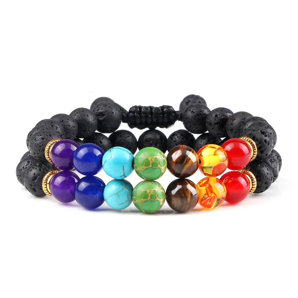 2Pcs Natural Stone 7 Chakra Healing Beaded Adjustable Braided Bracelets Men 8mm Lava Stretch Bracelet Women Reiki Buddha Jewelry