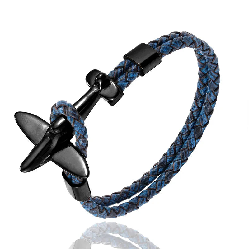 MKENDN Stainless Steel 18k Plated Aviation Airplane Anchor Bracelets Men Women Retro Leather Bracelet Air Force Style Jewelry
