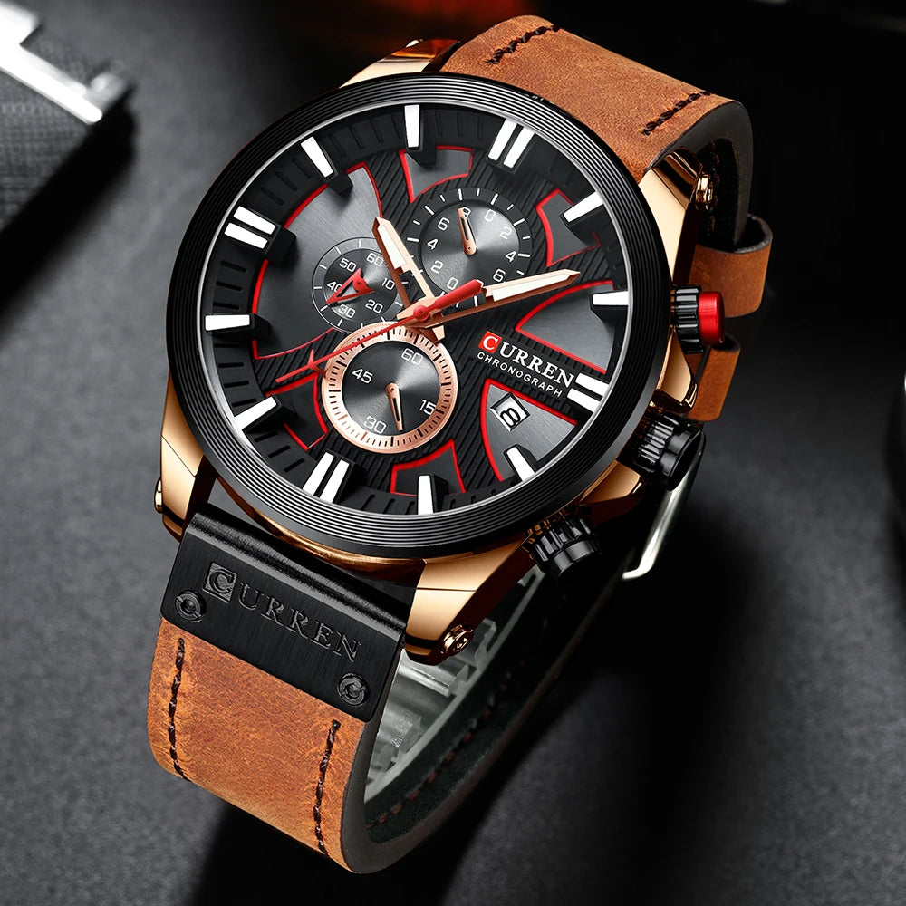 Montre CURREN Chronographe Sport Montre à Quartz Montre-bracelet en cuir pour homme Relogio Masculino Cadeau Mode pour Homme