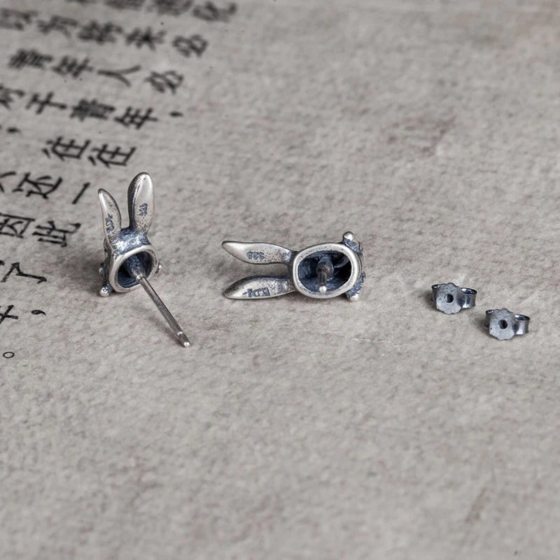 MKENDN Punk Vintage 100% 925 Sterling SIlver Animal Style Rabbit Stud Earring Men Women Gothic Dark Jewelry