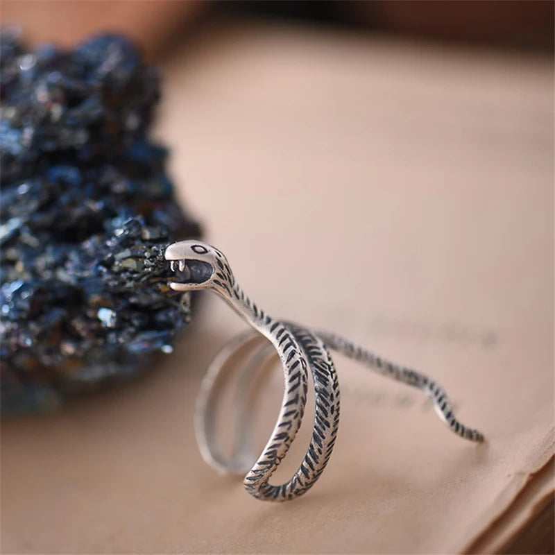 MKENDN Genuine 925 Sterling Silver Snake Shape Opening Ring For Men and Women Gothic Street Hip Hop Punk Dark Jewelry