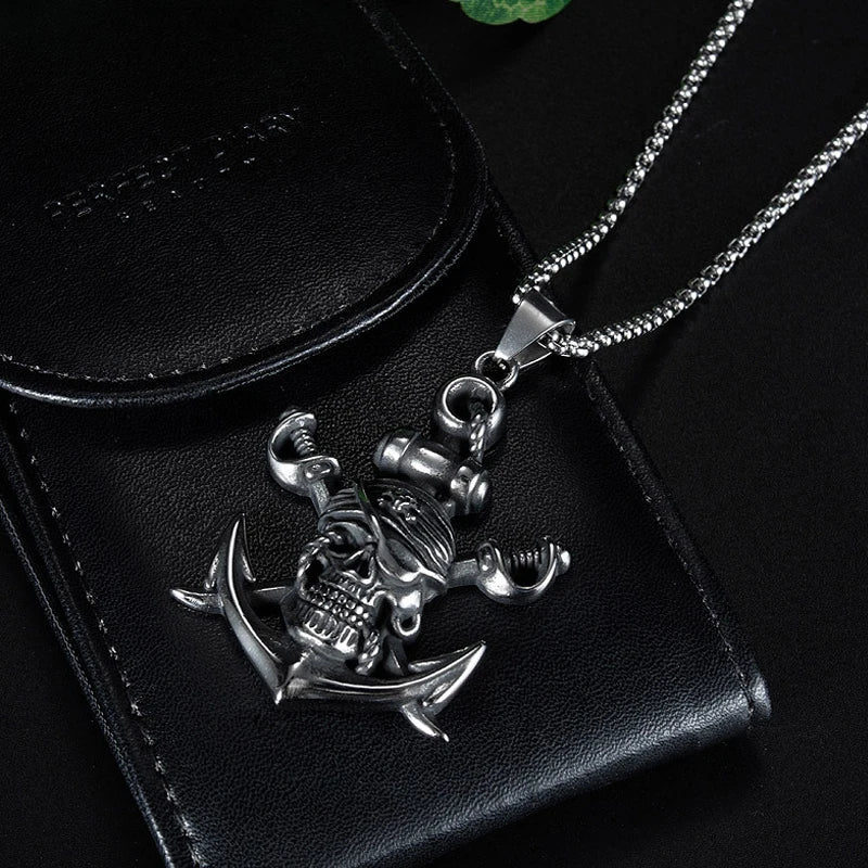 Double Sword Pirate Skull with Anchor Pendant Necklace - Madeinsea©