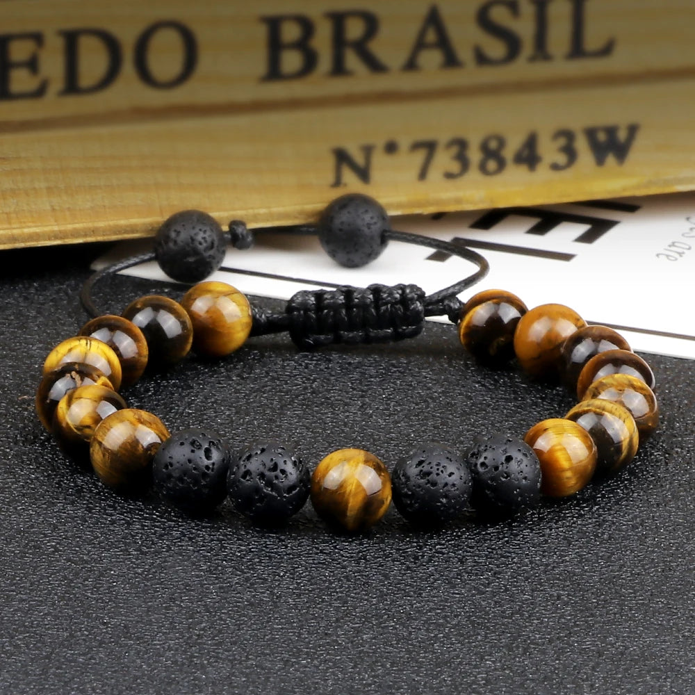 8mm Men Bracelets Black Lava Beads Bracelet Tiger Eye Adjustable Braided Rope Bangles Couple Distance Women Yoga Healing Jewelry