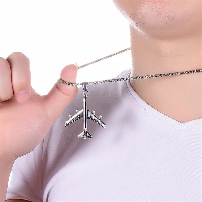 Airplane Pendant Necklace For Women Men Gold Color Stainless Steel Box Link Chain Aircraft Necklace Fashion Wholesale Jewelry